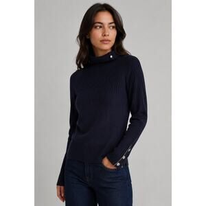 Pedro Del Hierro Navy Ribbed Turtleneck Sweater Zip Cuff Button Detail Size L